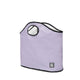 The Brooke Tote by BRNG Bag is a light purple bag with black trim, a round handle cutout, and a small BRNG logo patch on the lower right. This lavender tote features a soft rectangular shape, roomy flat bottom, and stands upright.