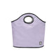 The Brooke Tote by BRNG Bag is a lavender tote with a round handle cutout, black trim, and a small rectangular BRING logo patch near the bottom. Its flat bottom design offers style and roomy functionality for your essentials.