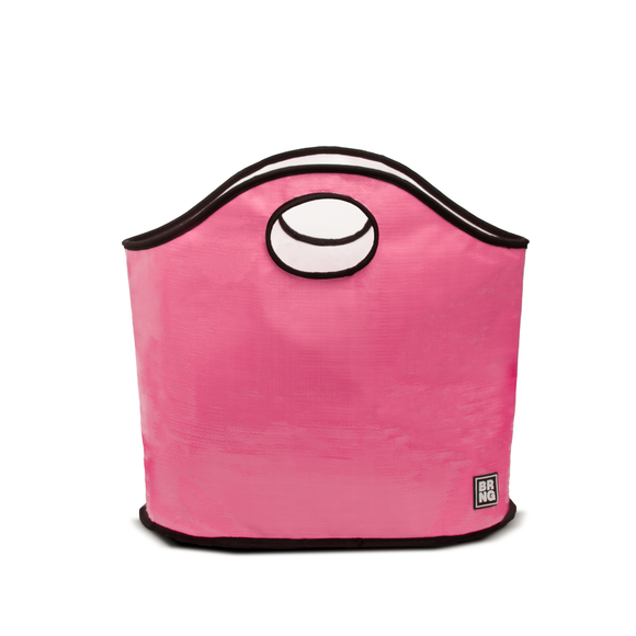 The BRNG Bag Basildon Tote is a bright pink, collapsible fabric laundry basket with Barbiecore style, black trim, a circular cut-out handle on top, and a small rectangular logo label at the bottom right.